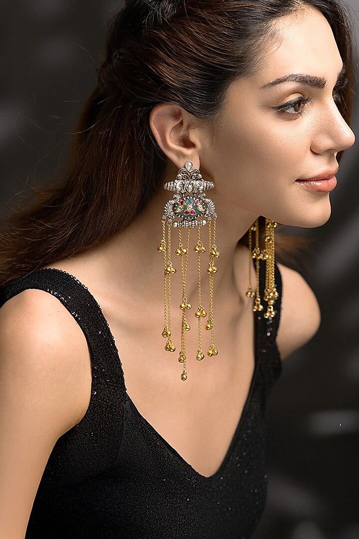 Gold Finish Kundan Polki & Ghungroo Dangler Earrings by Joules By Radhika at Pernia's Pop Up Shop