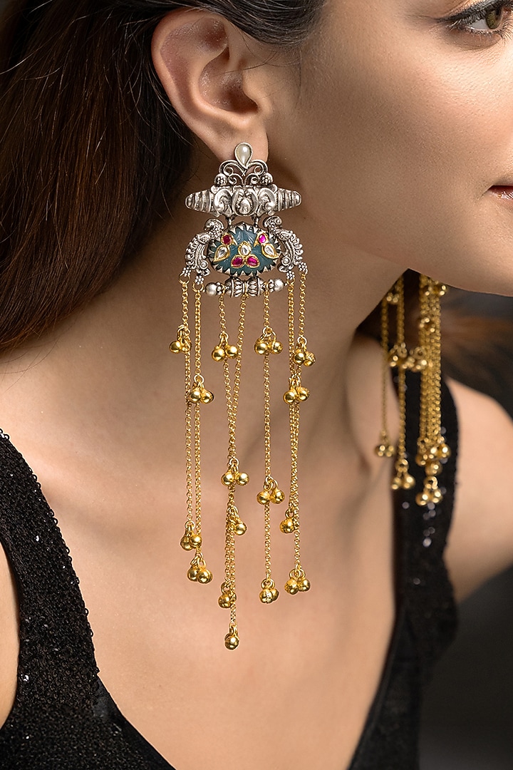 Gold Finish Kundan Polki & Ghungroo Dangler Earrings by Joules By Radhika at Pernia's Pop Up Shop
