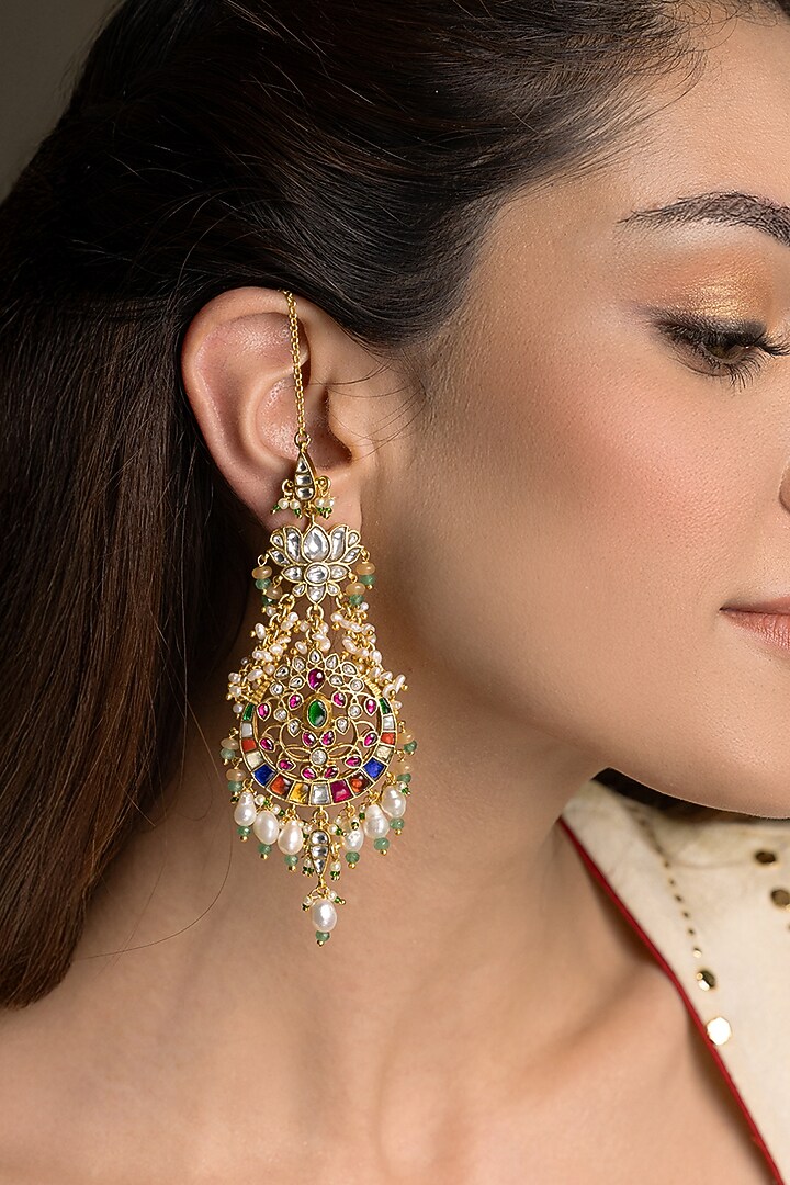 Gold Finish Multi-Colored Kundan Polki & Seed Pearl Dangler Earrings by Joules By Radhika at Pernia's Pop Up Shop