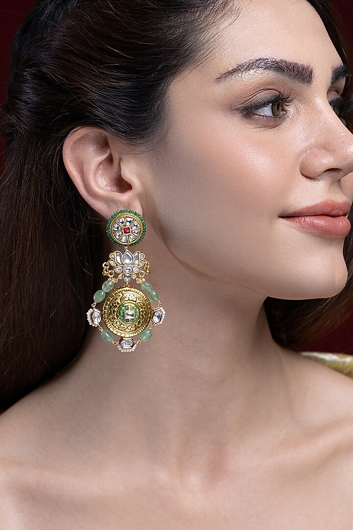 Gold Finish Kundan Polki & Jade Stone Dangler Earrings by Joules By Radhika at Pernia's Pop Up Shop