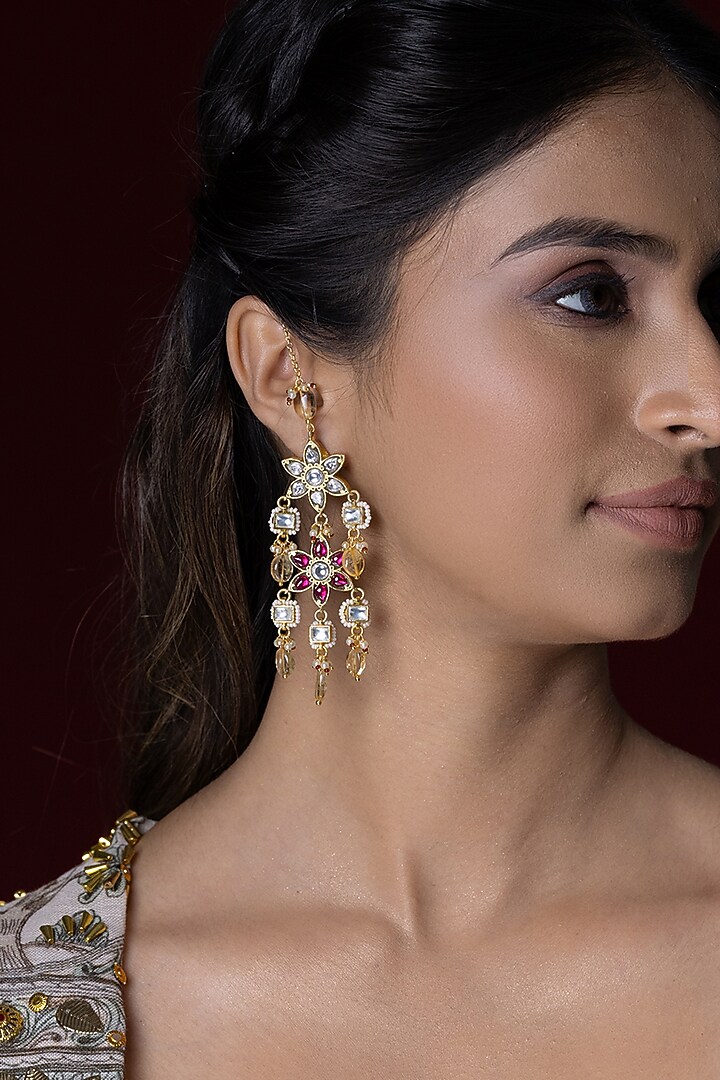 Gold Finish Kundan Polki & Red Stone Dangler Earrings by Joules By Radhika at Pernia's Pop Up Shop