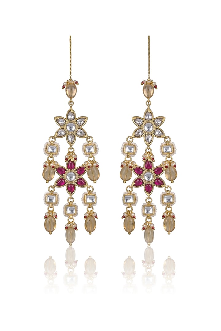 Gold Finish Kundan Polki & Red Stone Dangler Earrings by Joules By Radhika at Pernia's Pop Up Shop
