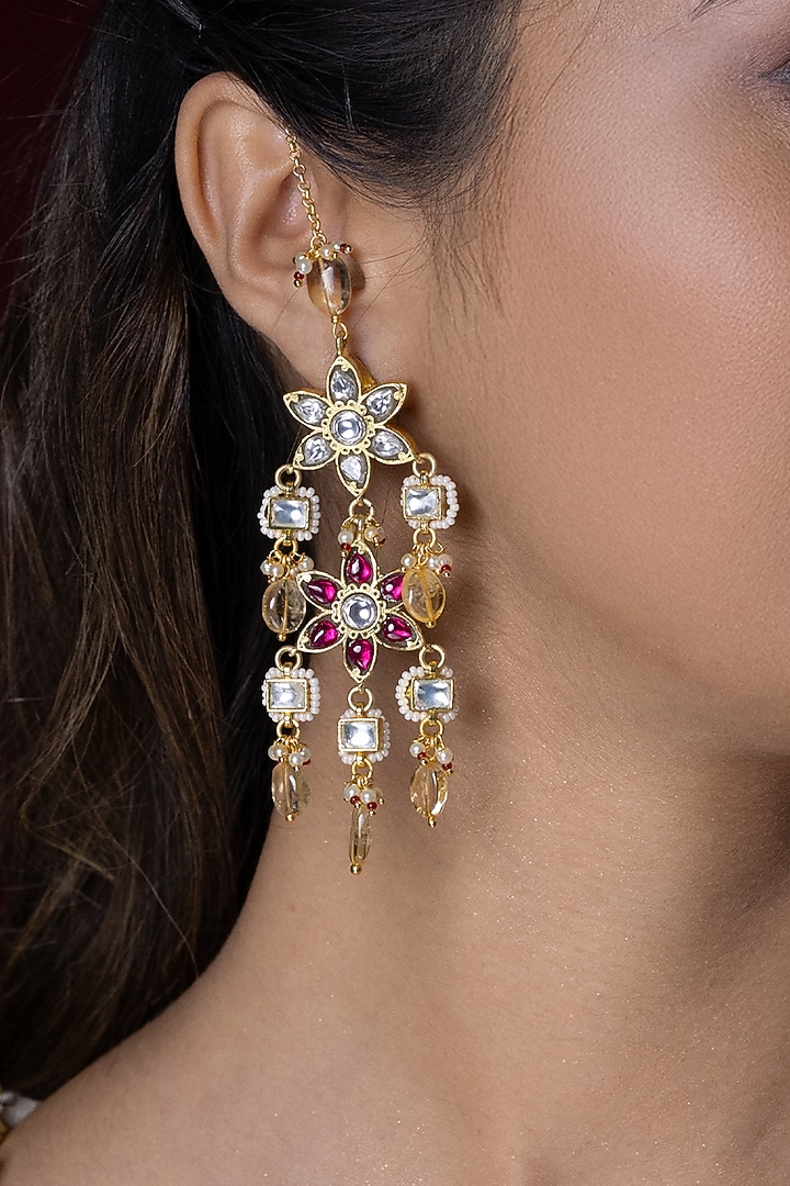 Gold Finish Kundan Polki & Red Stone Dangler Earrings by Joules By Radhika at Pernia's Pop Up Shop