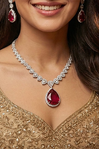 White Finish Diamond & Ruby Stone Necklace Set by Joules By Radhika