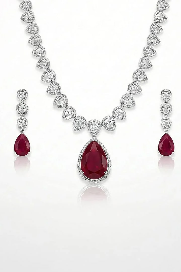 White Finish Diamond & Ruby Stone Necklace Set by Joules By Radhika at Pernia's Pop Up Shop