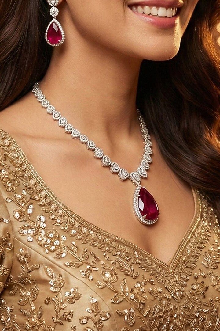 White Finish Diamond & Ruby Stone Necklace Set by Joules By Radhika at Pernia's Pop Up Shop