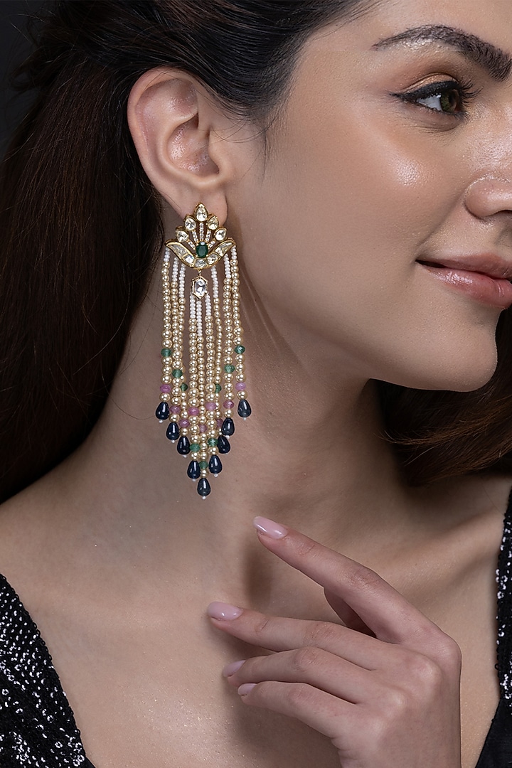 Gold Finish Kundan Polki & Multi-Colored Beaded Dangler Earrings by Joules By Radhika at Pernia's Pop Up Shop