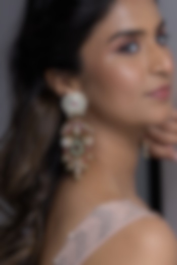 Gold Finish Pink & Green Kundan Polki Dangler Earrings by Joules By Radhika at Pernia's Pop Up Shop