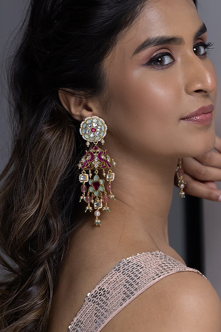 Gold Finish Pink & Green Kundan Polki Dangler Earrings by Joules By Radhika at Pernia's Pop Up Shop
