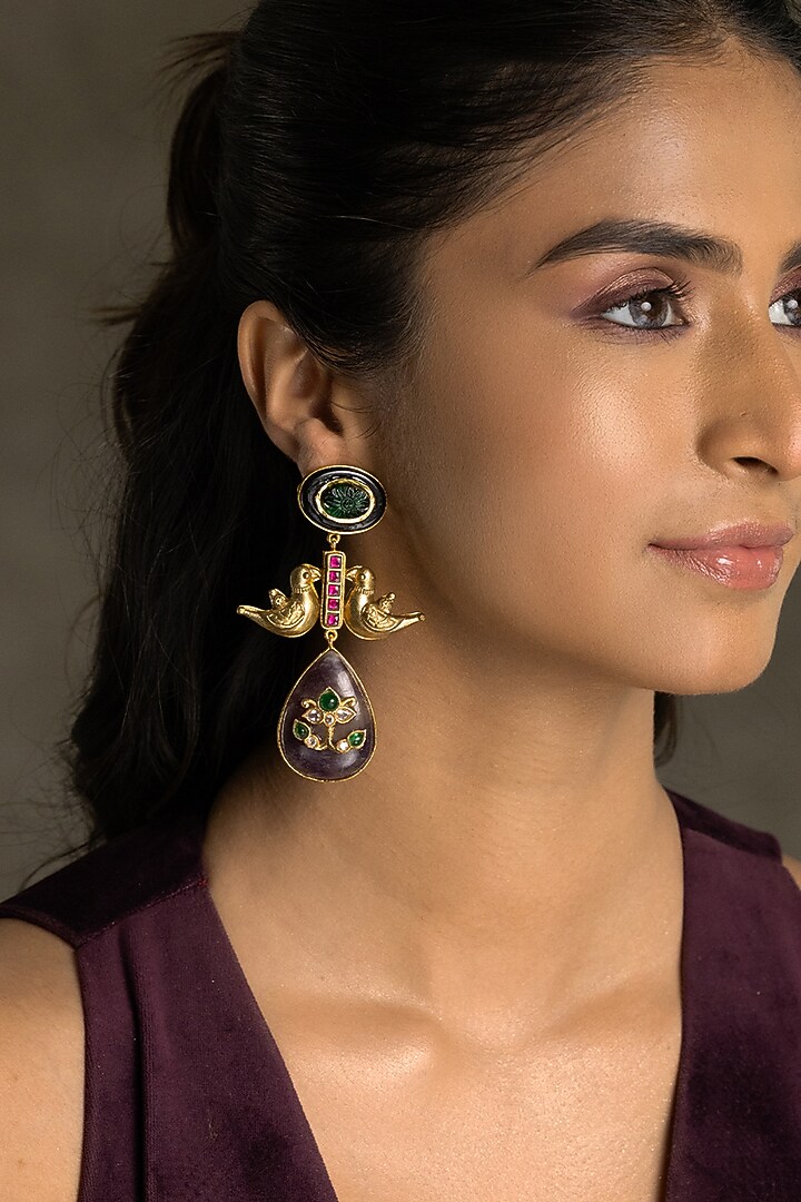 Gold Finish Blue & Pink Stone Dangler Earrings by Joules By Radhika at Pernia's Pop Up Shop