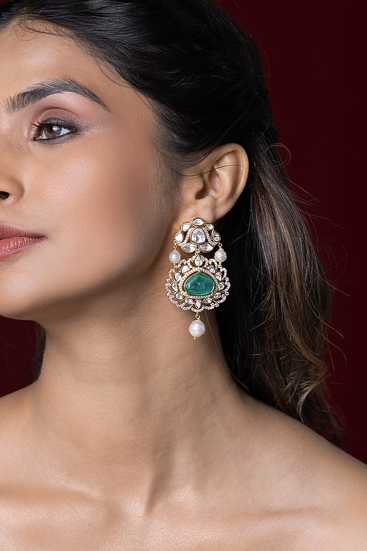 Gold Finish Kundan Polki & Green Stone Dangler Earrings by Joules By Radhika at Pernia's Pop Up Shop