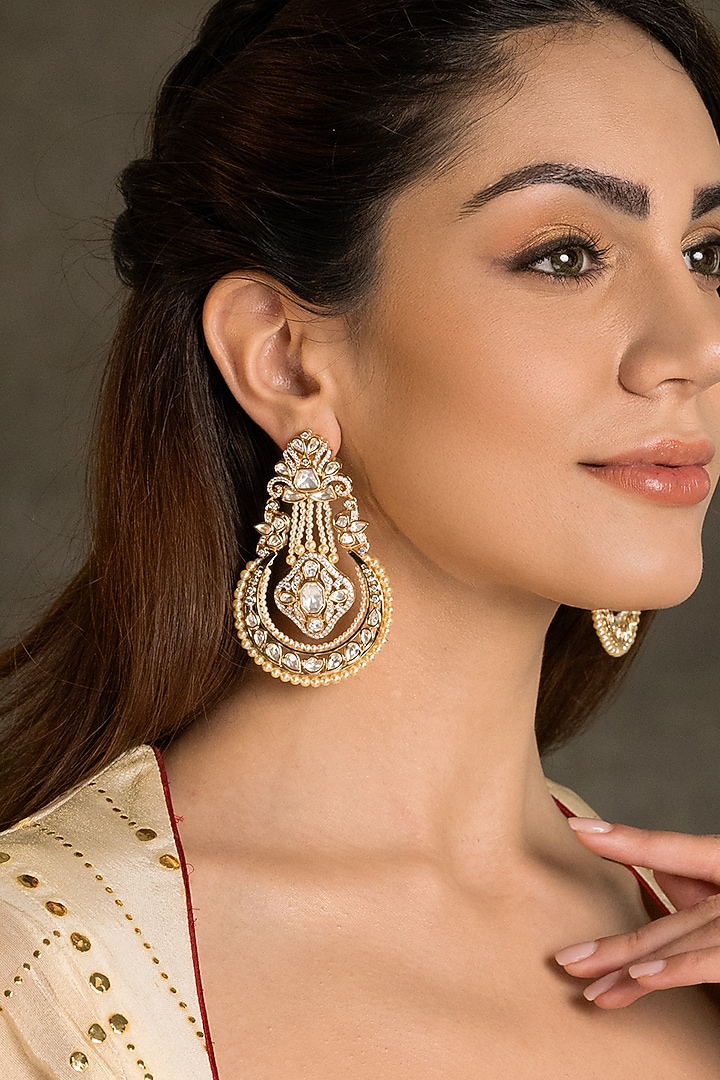 Gold Finish Kundan Polki Chandbali Earrings by Joules By Radhika at Pernia's Pop Up Shop