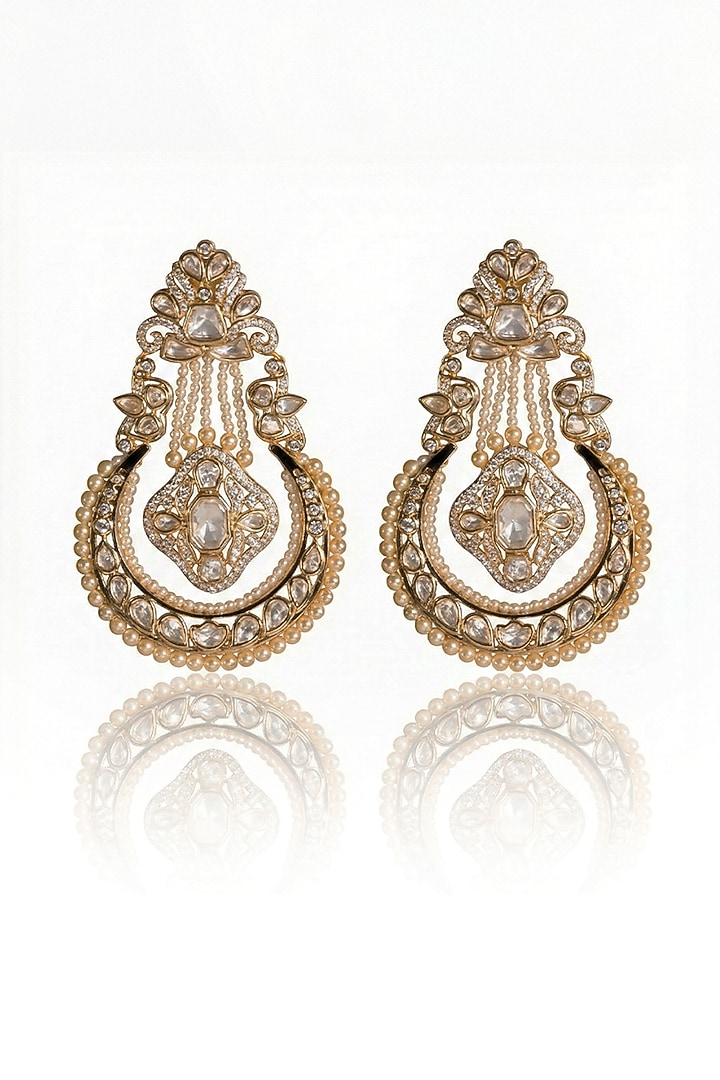 Gold Finish Kundan Polki Chandbali Earrings by Joules By Radhika at Pernia's Pop Up Shop