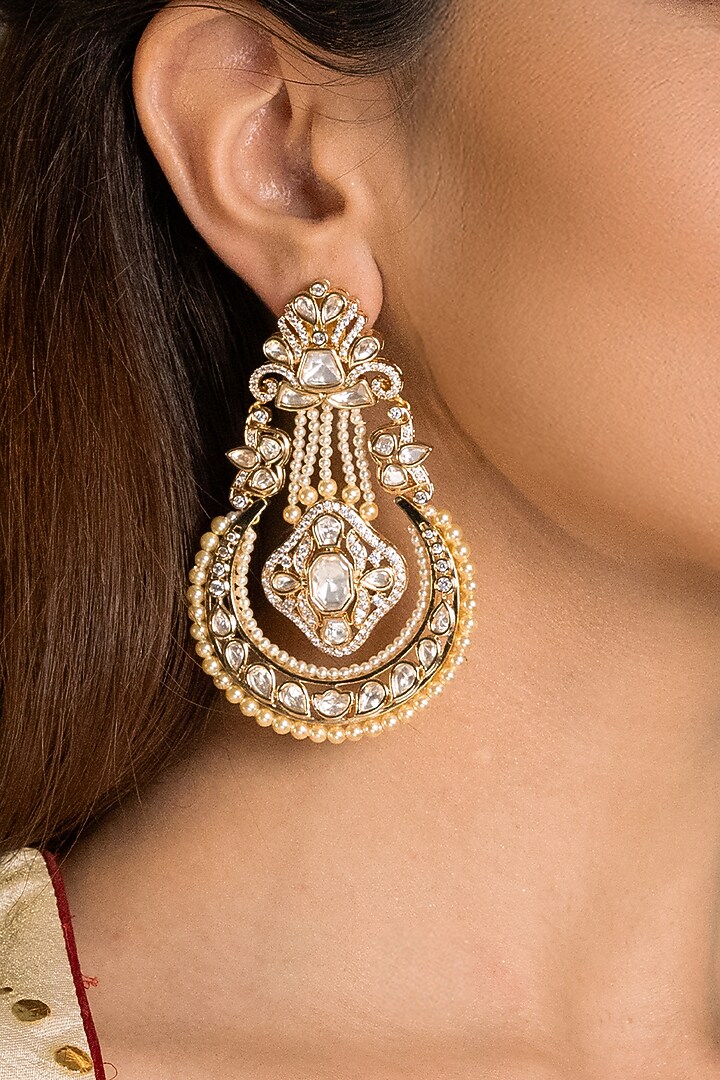 Gold Finish Kundan Polki Chandbali Earrings by Joules By Radhika at Pernia's Pop Up Shop