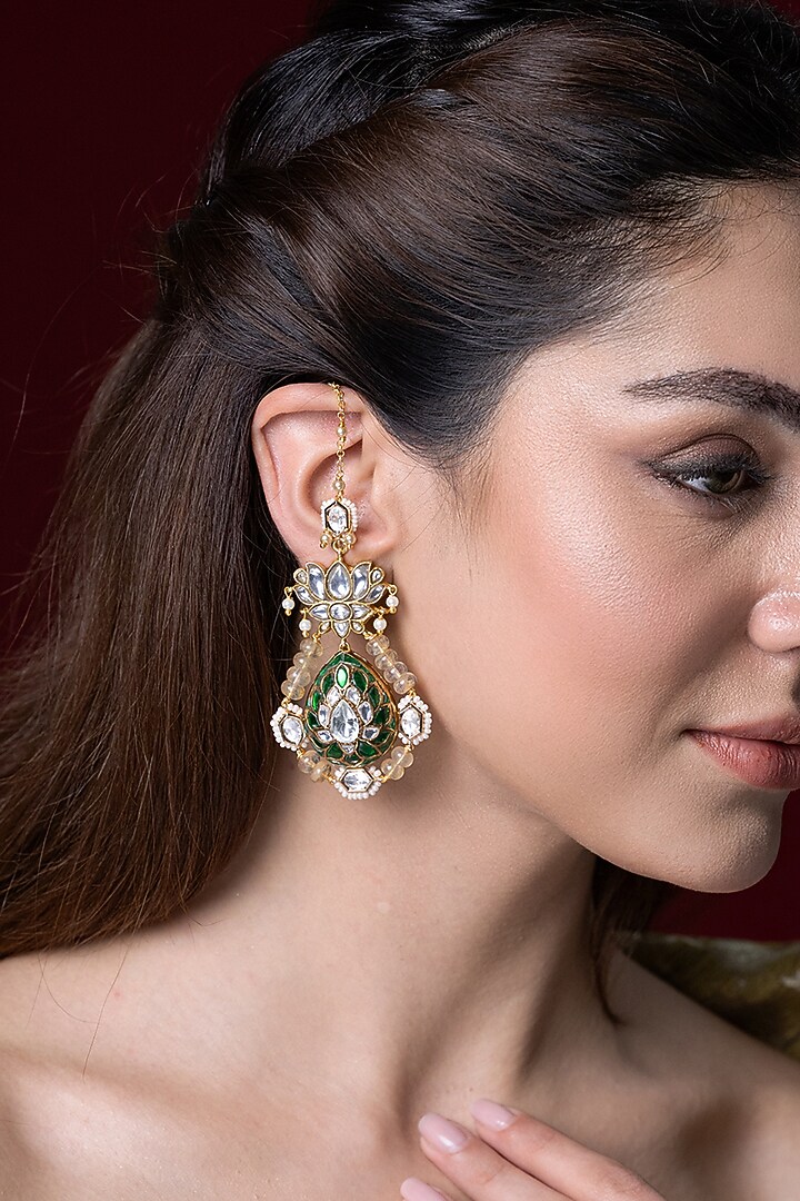 Gold Finish Green Kundan Polki Floral Motifs Dangler Earrings by Joules By Radhika at Pernia's Pop Up Shop