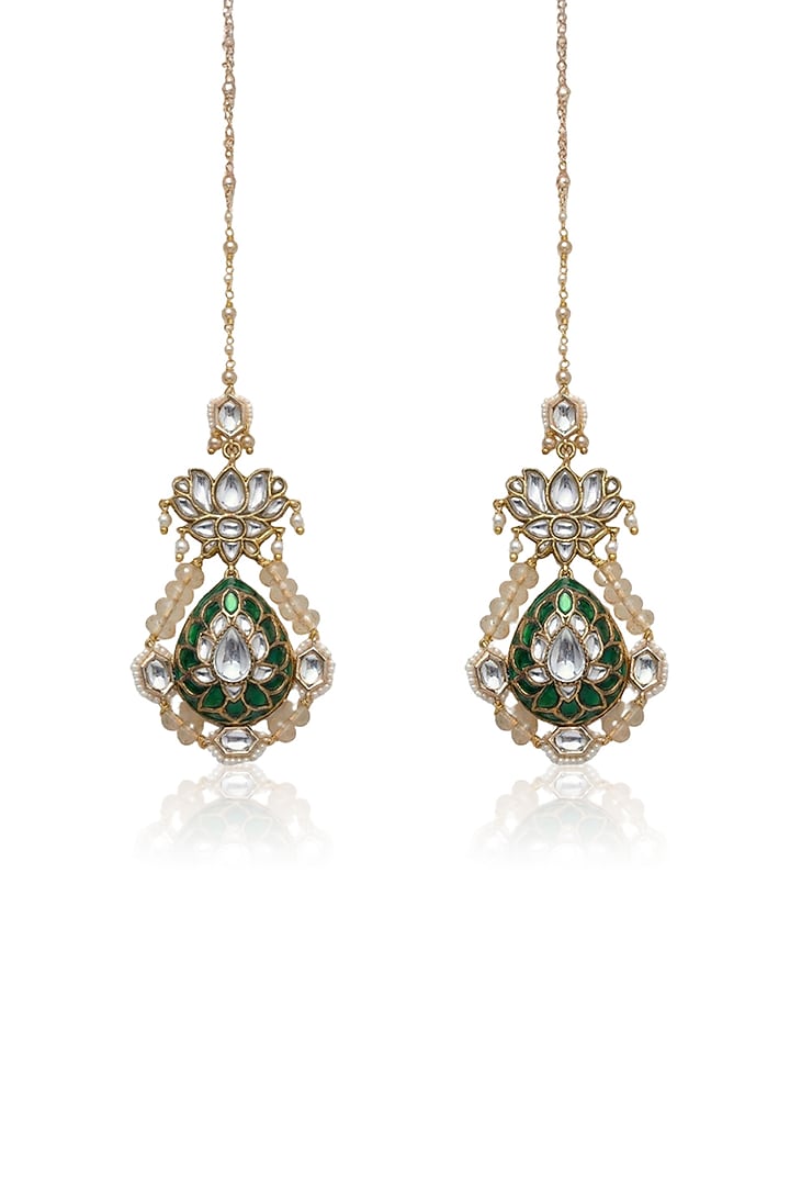 Gold Finish Green Kundan Polki Floral Motifs Dangler Earrings by Joules By Radhika at Pernia's Pop Up Shop