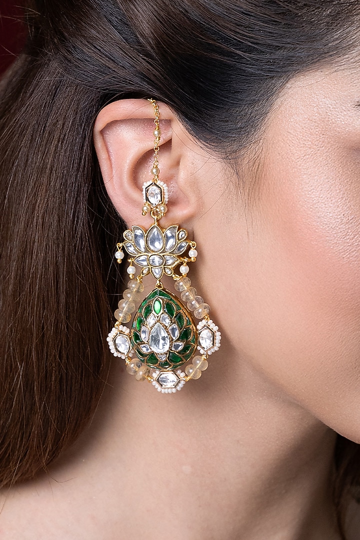 Gold Finish Green Kundan Polki Floral Motifs Dangler Earrings by Joules By Radhika at Pernia's Pop Up Shop