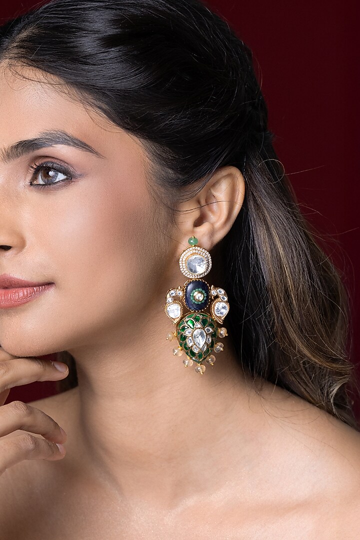 Gold Finish Green Kundan Polki Dangler Earrings by Joules By Radhika at Pernia's Pop Up Shop