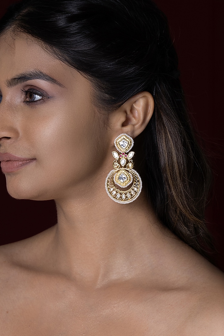 Gold Finish Kundan Polki & Pink Stone Dangler Earrings by Joules By Radhika at Pernia's Pop Up Shop