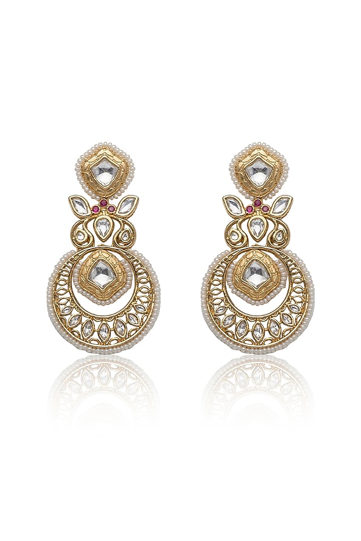 Gold Finish Kundan Polki & Pink Stone Dangler Earrings by Joules By Radhika at Pernia's Pop Up Shop