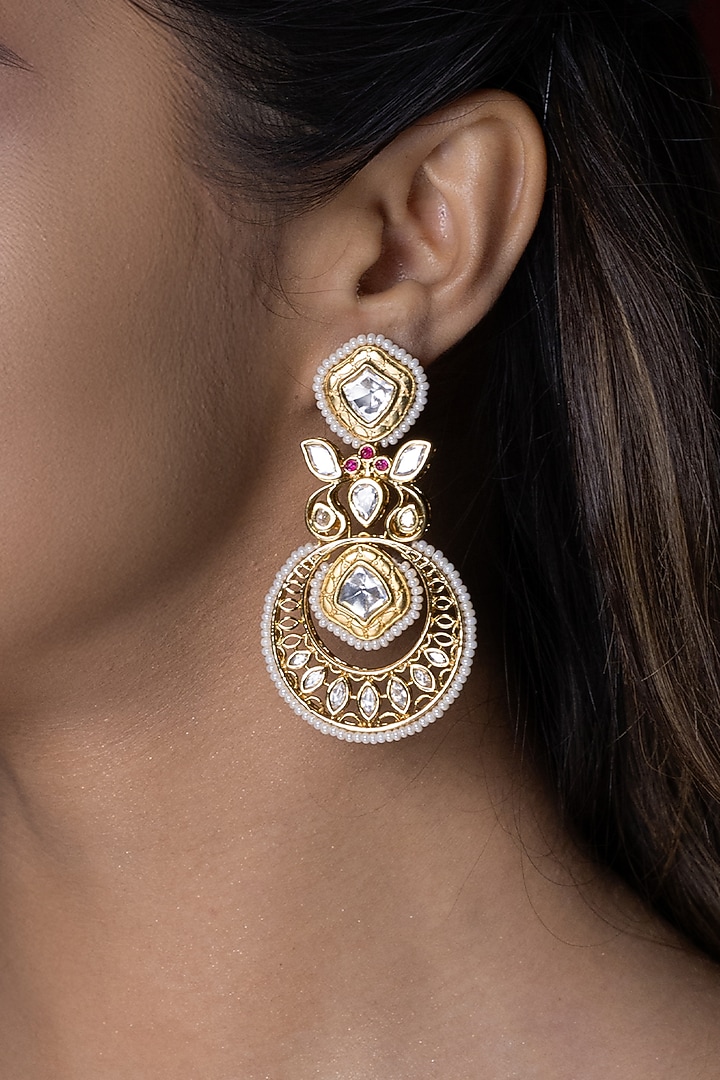 Gold Finish Kundan Polki & Pink Stone Dangler Earrings by Joules By Radhika at Pernia's Pop Up Shop