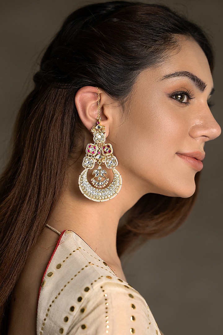 Gold Finish Kundan Polki Chandbali Earchains by Joules By Radhika at Pernia's Pop Up Shop