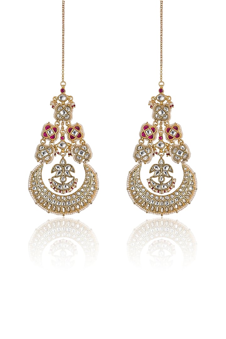 Gold Finish Kundan Polki Chandbali Earchains by Joules By Radhika at Pernia's Pop Up Shop