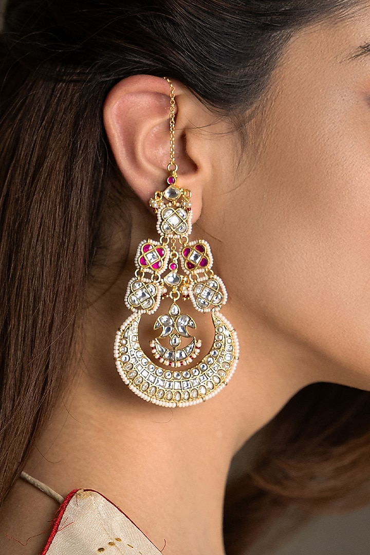 Gold Finish Kundan Polki Chandbali Earchains by Joules By Radhika at Pernia's Pop Up Shop