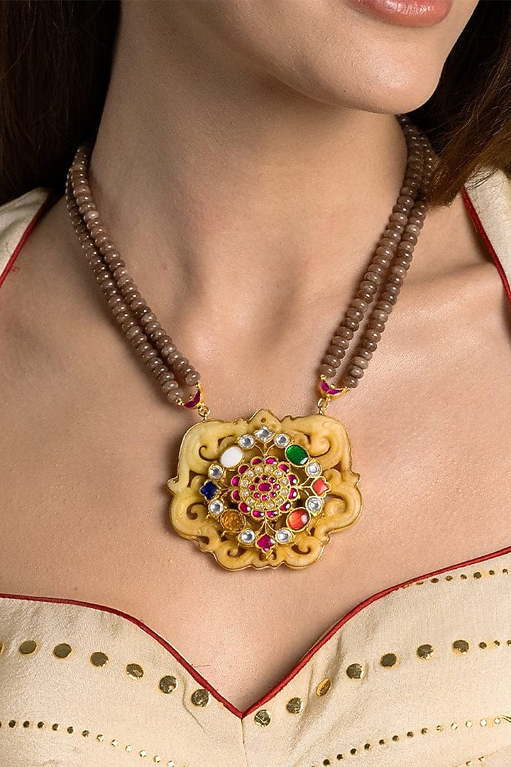 Gold Finish Kundan Polki & Red Beaded Long Necklace by Joules By Radhika at Pernia's Pop Up Shop