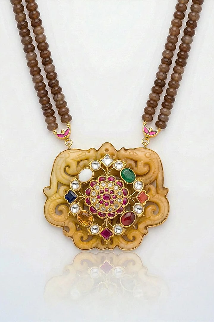 Gold Finish Kundan Polki & Red Beaded Long Necklace by Joules By Radhika at Pernia's Pop Up Shop