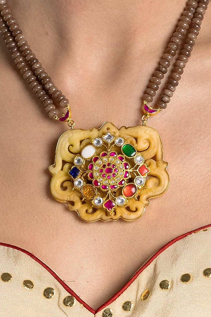 Gold Finish Kundan Polki & Red Beaded Long Necklace by Joules By Radhika at Pernia's Pop Up Shop