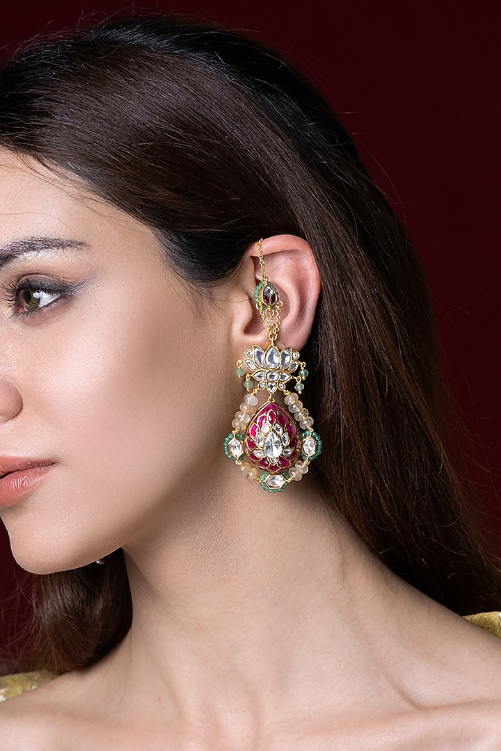 Gold Finish Kundan Polki Dangler Earchains by Joules By Radhika at Pernia's Pop Up Shop