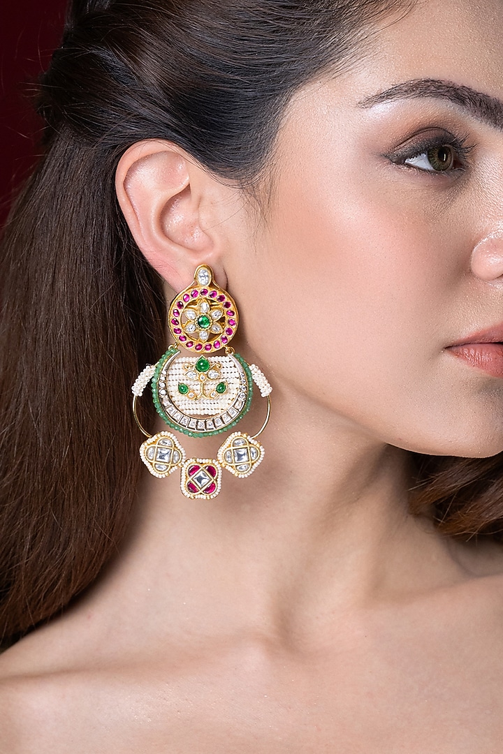 Gold Finish Kundan Polki & Seed Pearl Chandbali Earrings by Joules By Radhika at Pernia's Pop Up Shop