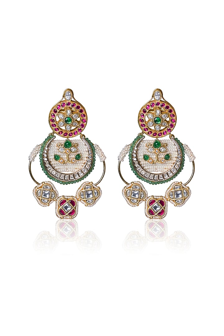 Gold Finish Kundan Polki & Seed Pearl Chandbali Earrings by Joules By Radhika at Pernia's Pop Up Shop