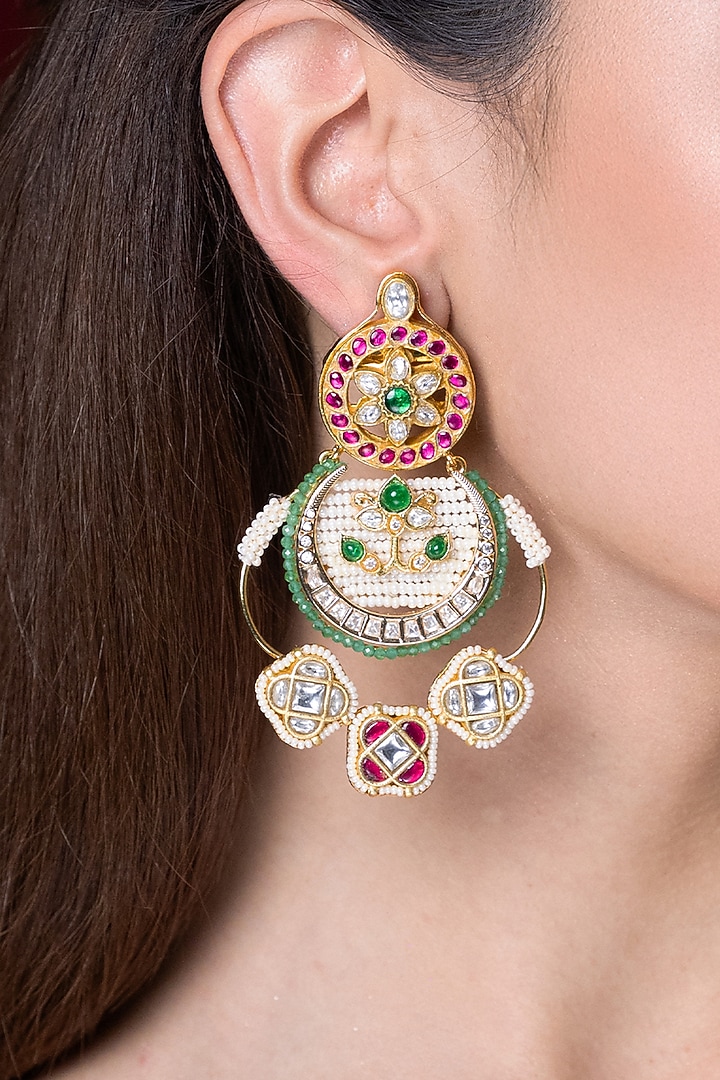 Gold Finish Kundan Polki & Seed Pearl Chandbali Earrings by Joules By Radhika at Pernia's Pop Up Shop