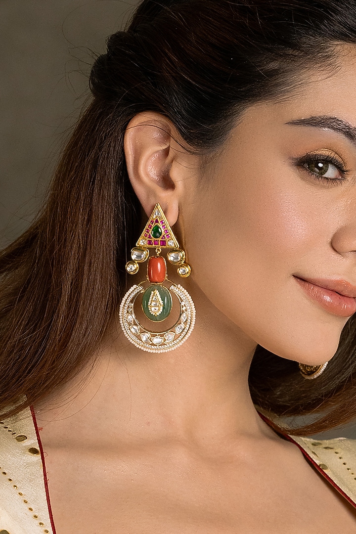 Gold Finish Kundan Polki & Green Stone Dangler Earrings by Joules By Radhika at Pernia's Pop Up Shop