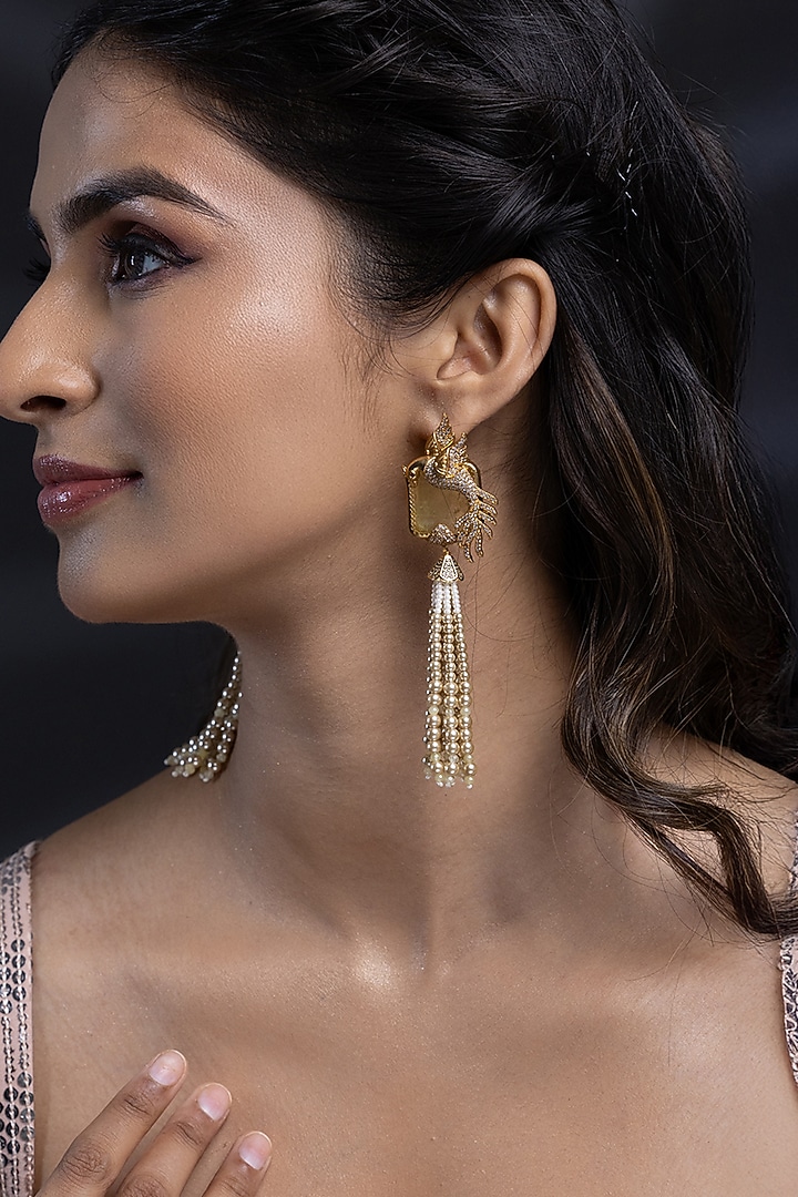 Gold Finish Yellow Stone & Gold Beaded Dangler Earrings by Joules By Radhika at Pernia's Pop Up Shop