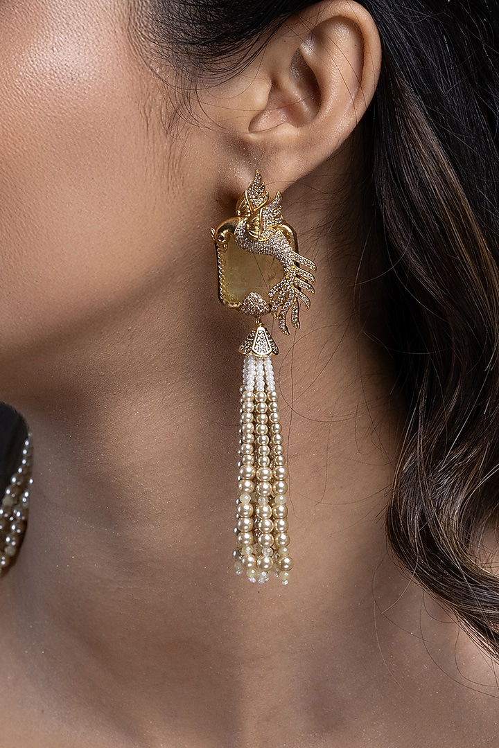Gold Finish Yellow Stone & Gold Beaded Dangler Earrings by Joules By Radhika at Pernia's Pop Up Shop