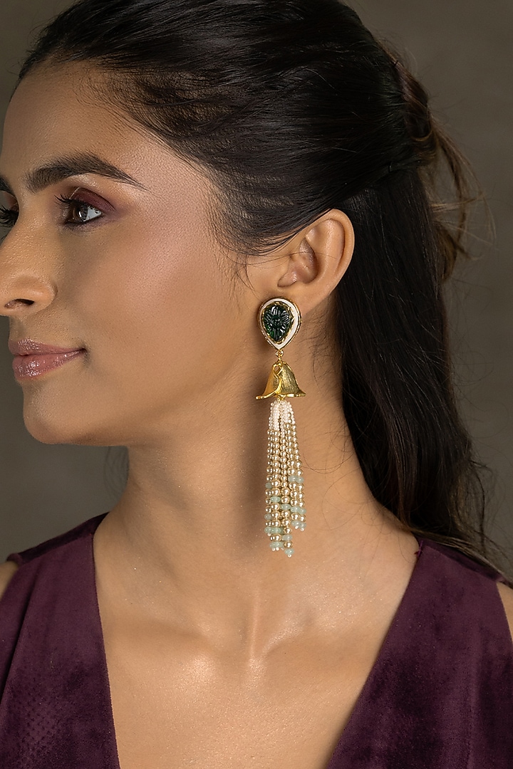 Gold Finish Green Stone & Gold Beaded Dangler Earrings by Joules By Radhika at Pernia's Pop Up Shop