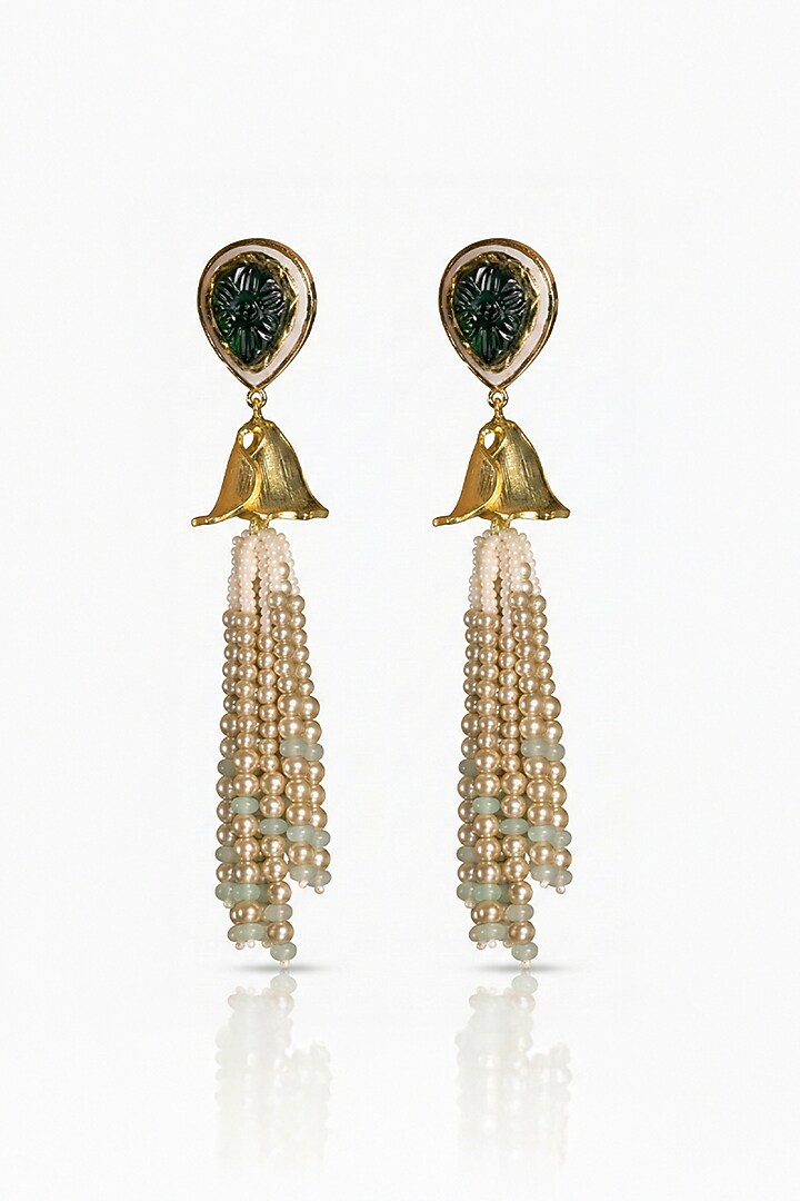 Gold Finish Green Stone & Gold Beaded Dangler Earrings by Joules By Radhika at Pernia's Pop Up Shop