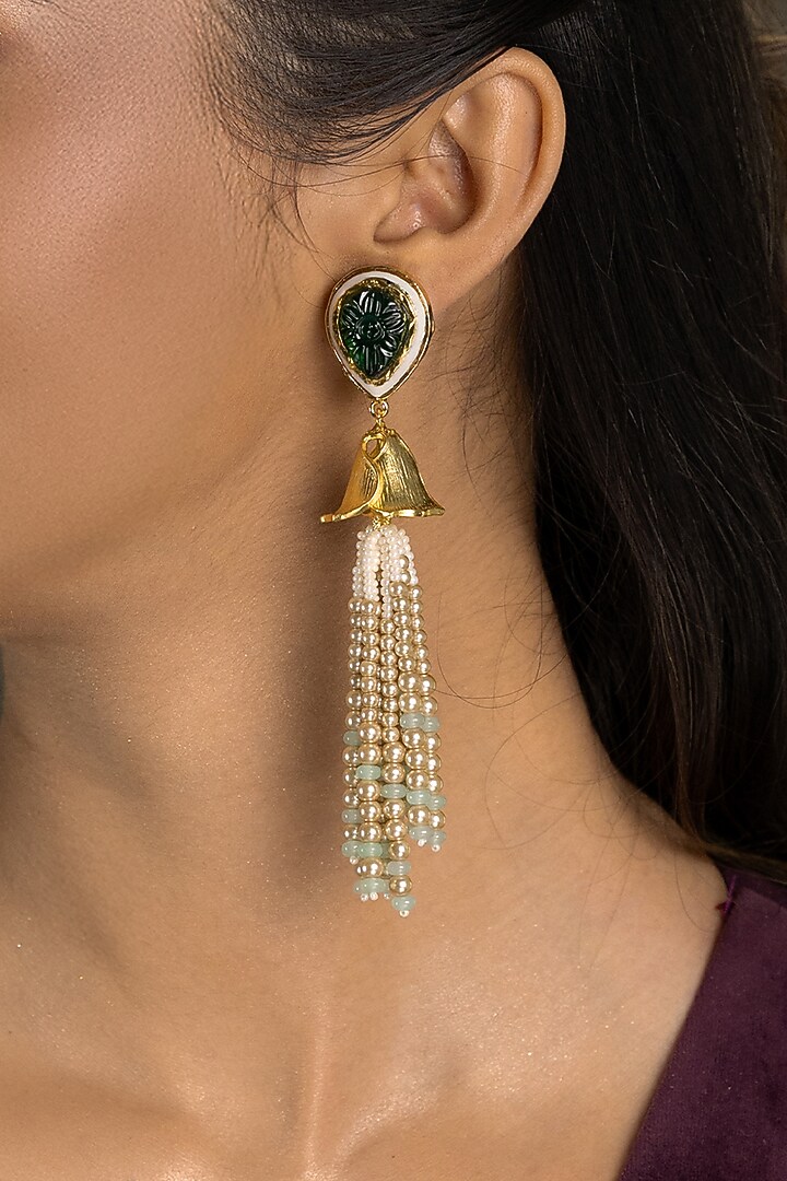 Gold Finish Green Stone & Gold Beaded Dangler Earrings by Joules By Radhika at Pernia's Pop Up Shop