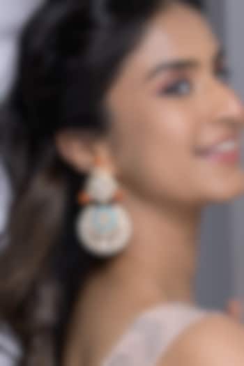 Gold Finish Kundan Polki & Red Stone Blue Enameled Dangler Earrings by Joules By Radhika at Pernia's Pop Up Shop