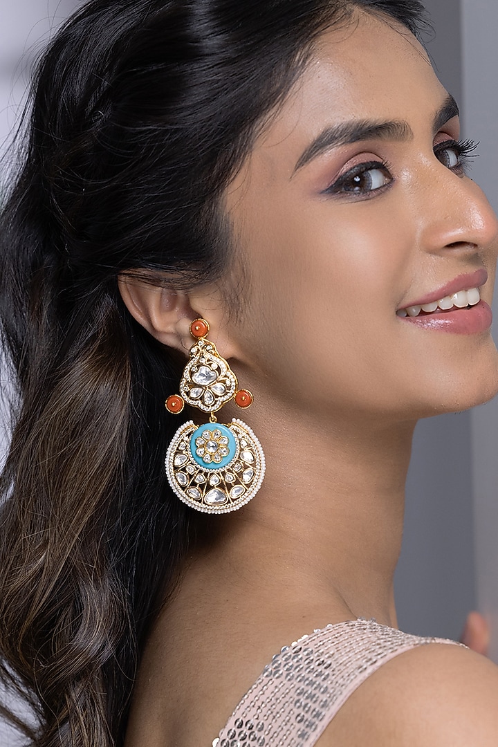 Gold Finish Kundan Polki & Red Stone Blue Enameled Dangler Earrings by Joules By Radhika at Pernia's Pop Up Shop