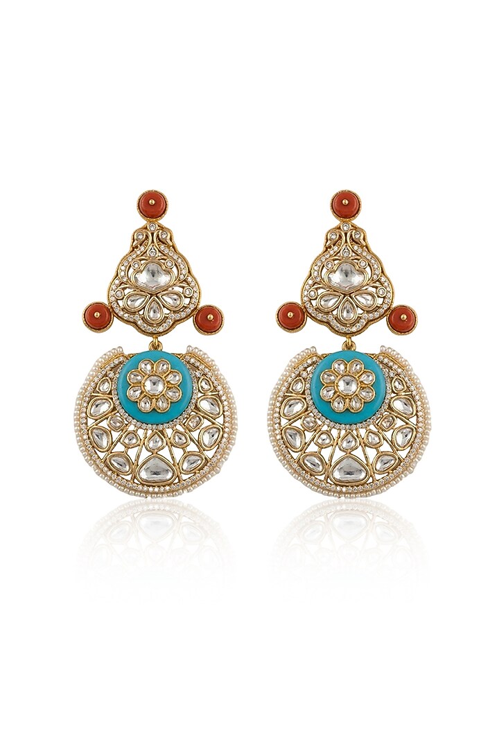 Gold Finish Kundan Polki & Red Stone Blue Enameled Dangler Earrings by Joules By Radhika at Pernia's Pop Up Shop