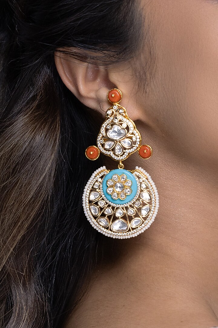 Gold Finish Kundan Polki & Red Stone Blue Enameled Dangler Earrings by Joules By Radhika at Pernia's Pop Up Shop