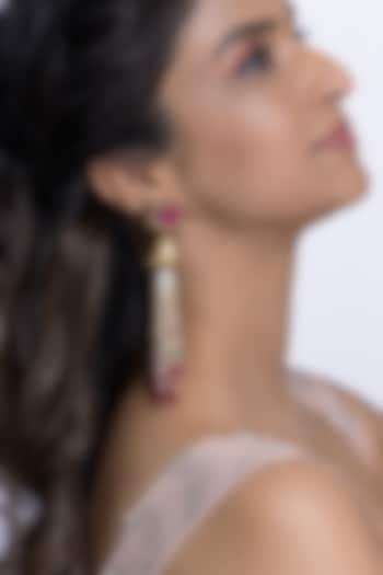 Gold Finish Pink Stone & Multi-Colored Beaded Dangler Earrings by Joules By Radhika at Pernia's Pop Up Shop