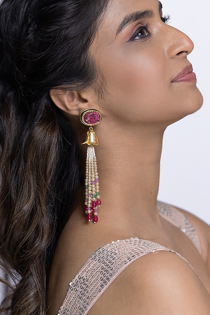 Gold Finish Pink Stone & Multi-Colored Beaded Dangler Earrings by Joules By Radhika at Pernia's Pop Up Shop