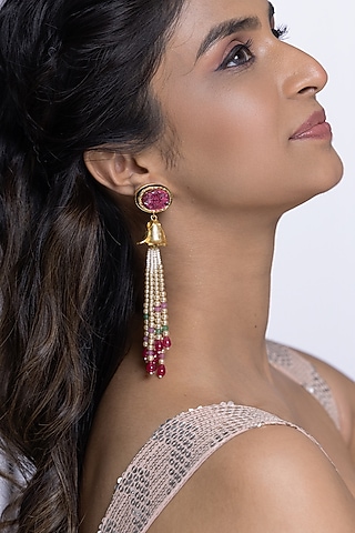 Gold Finish Pink Stone & Multi-Colored Beaded Dangler Earrings by Joules By Radhika