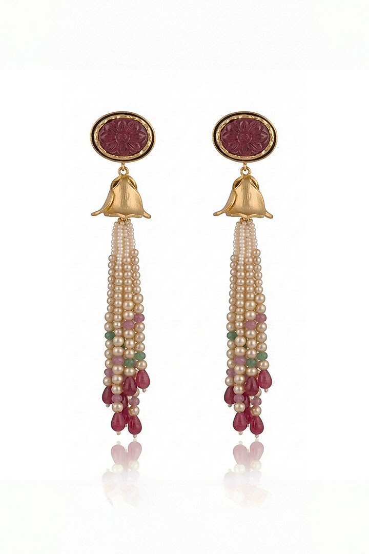 Gold Finish Pink Stone & Multi-Colored Beaded Dangler Earrings by Joules By Radhika at Pernia's Pop Up Shop