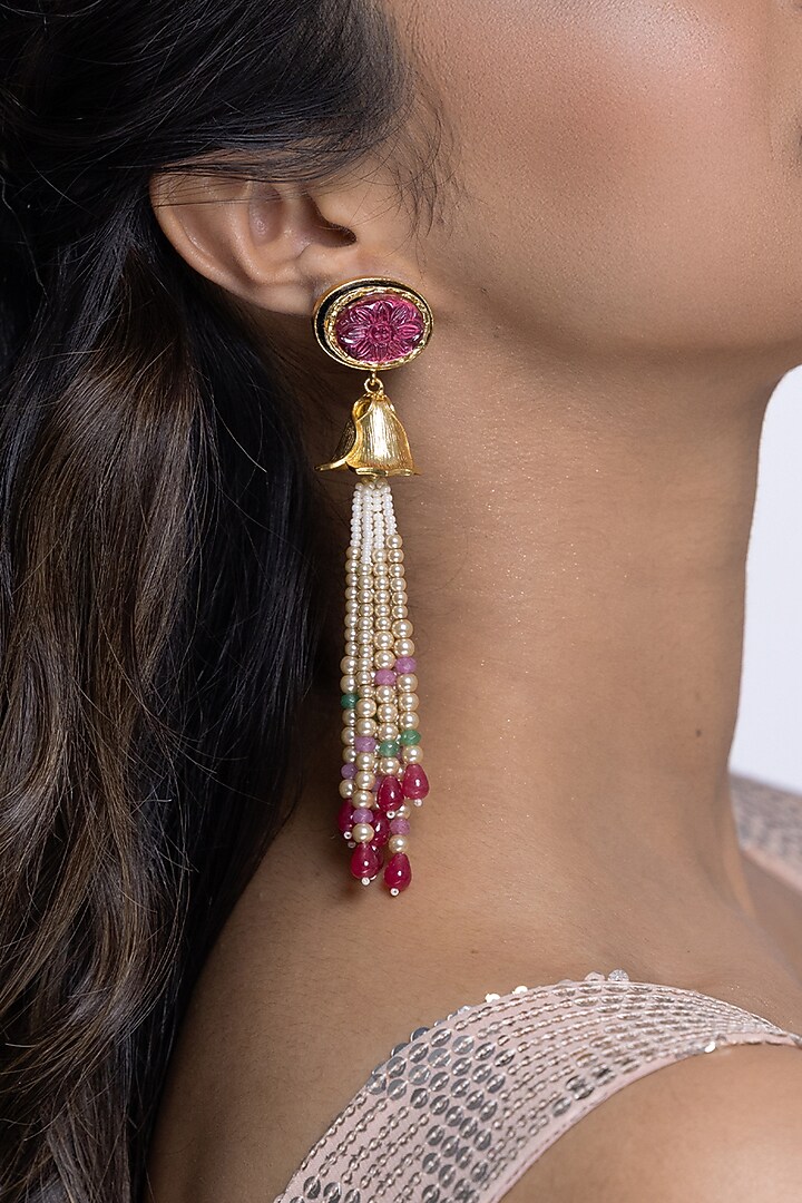 Gold Finish Pink Stone & Multi-Colored Beaded Dangler Earrings by Joules By Radhika at Pernia's Pop Up Shop